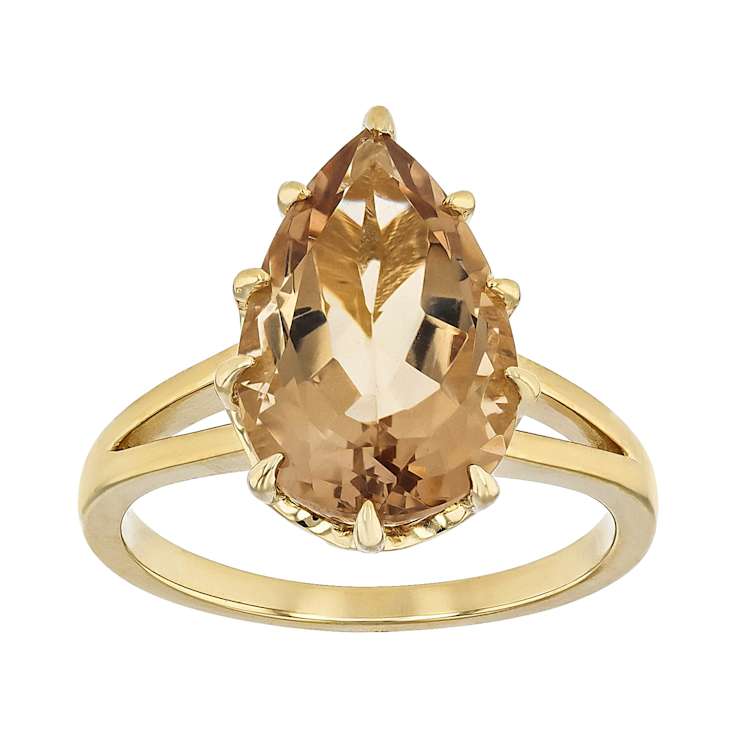 Champagne Quartz Pear Solitaire Ring In 18K Gold Over Sterling Silver 4.41ct