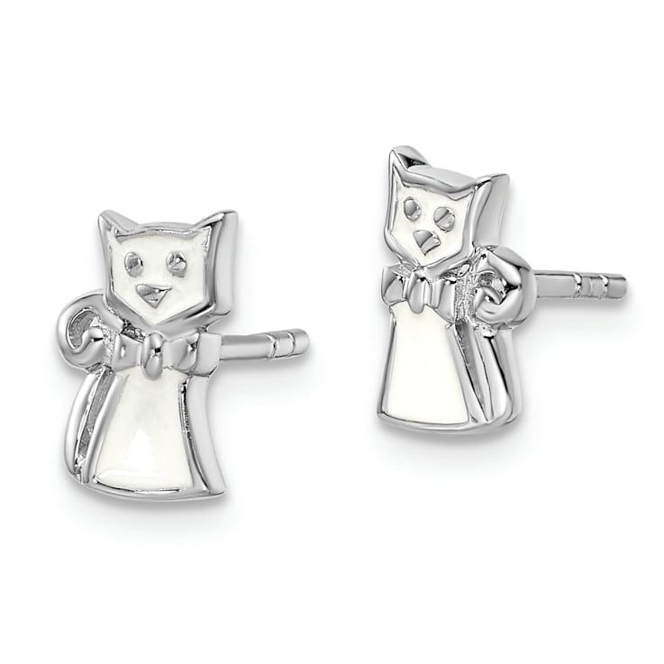 Rhodium Over Sterling Silver White Enamel Cat Children's Post Earrings