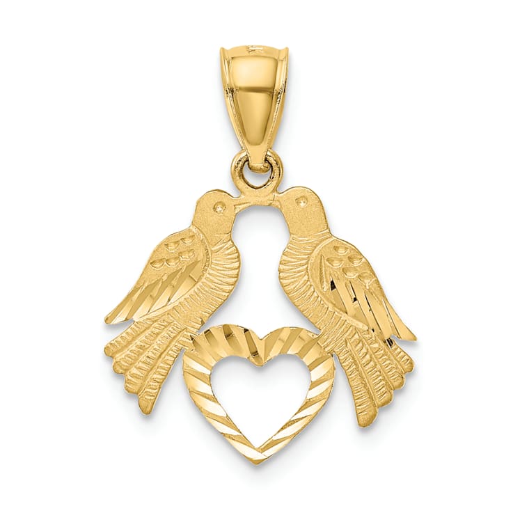 14K Yellow Gold Polished Diamond-cut Love Birds with Heart Pendant