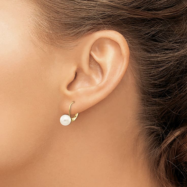14K Yellow Gold 7-8mm White Round Freshwater Cultured Pearl Leverback Earrings