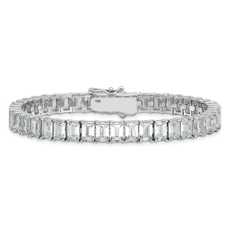 Rhodium Over Sterling Silver Polished Emerald-cut Cubic Zirconia Tennis Bracelet