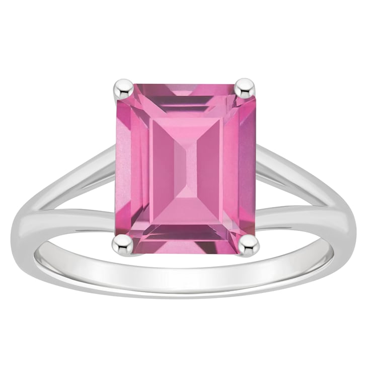 10x8mm Emerald Cut Pink Topaz Rhodium Over Sterling Silver Ring