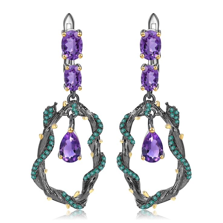 Amethyst and Green Nanocrystal Black Rhodium Over Sterling Silver Earrings