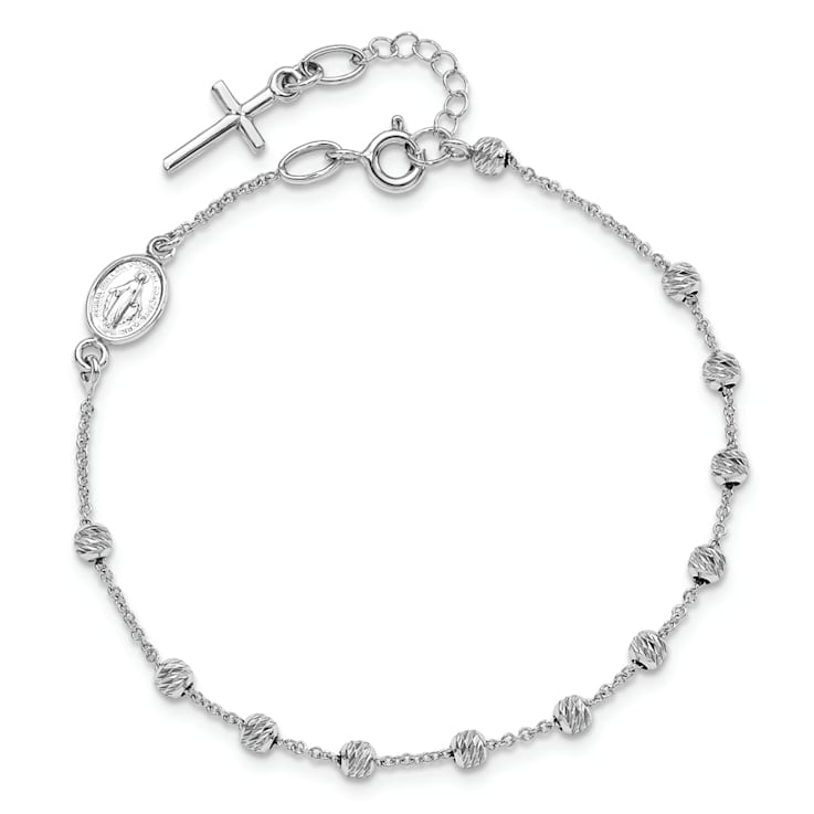 Rhodium Over 14K White Gold Diamond-cut Cross and Miraculous Medal 0.75
Inch Extension Bracelet