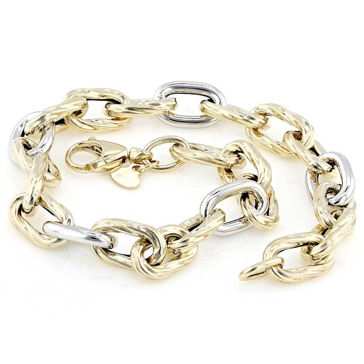 Two-Tone Rolo Link Bracelet In Solid 14K Yellow And White Gold 7mm