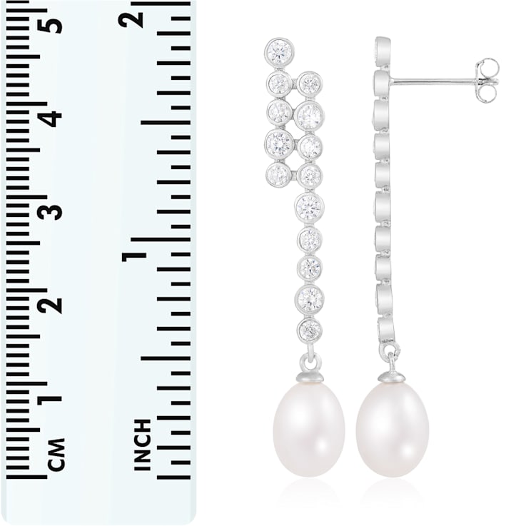 White Cultured Freshwater Pearl and Cubic Zirconia Rhodium Over Sterling
Silver 7-8mm Drop Earrings