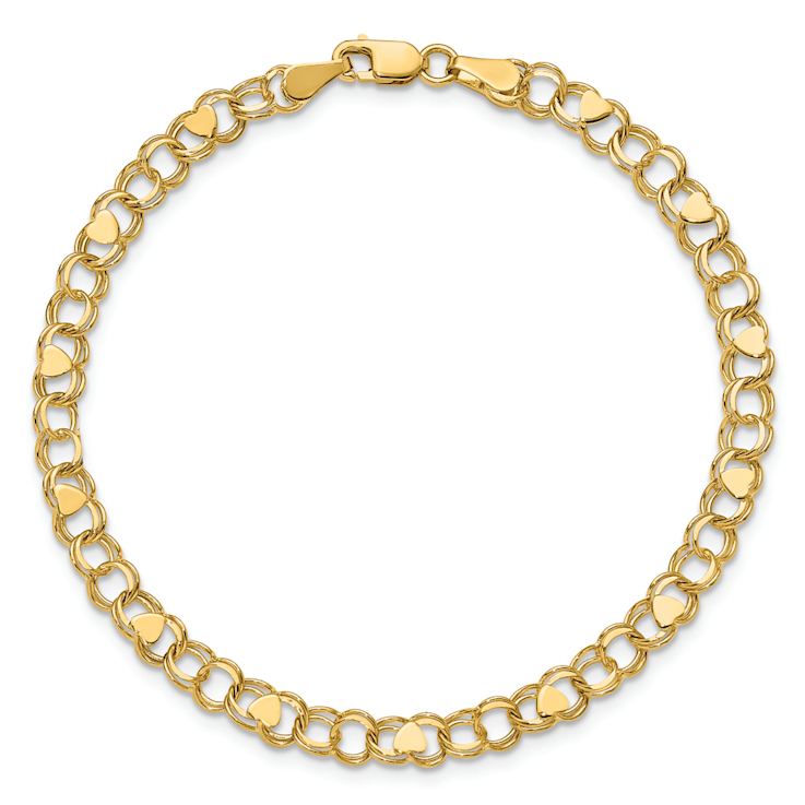 14k Yellow Gold 4mm Double Link Hearts Charm Bracelet