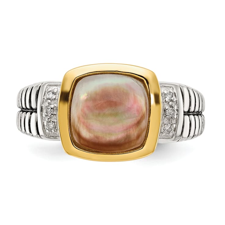 Sterling Silver Antiqued with 14K Accent Black Mother of Pearl and
Diamond Ring