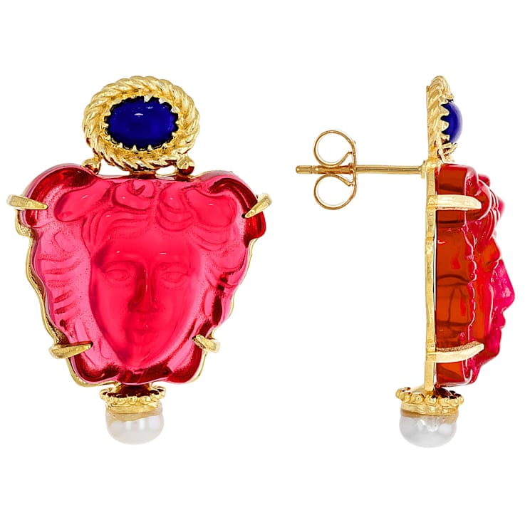 Pink Venetian Glass And Pearl Medusa Cameo Earrings In 18K Gold Over
Sterling Silver