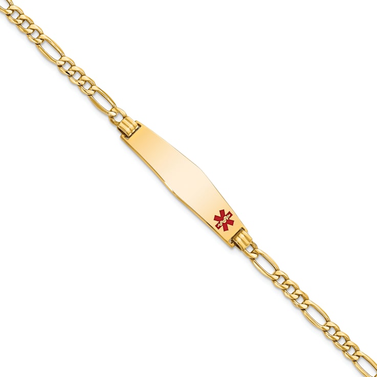 14k Yellow Gold Medical Soft Diamond Shape Red Enamel Figaro Link ID Bracelet