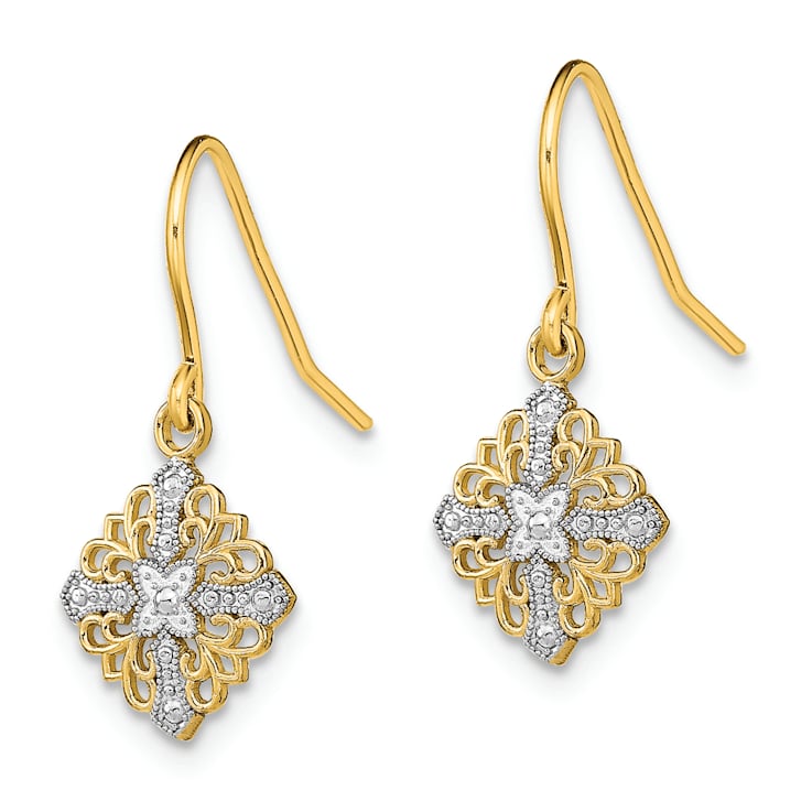 14K Yellow Gold and Rhodium Over 14K Yellow Gold Fancy Filigree Dangle Earrings