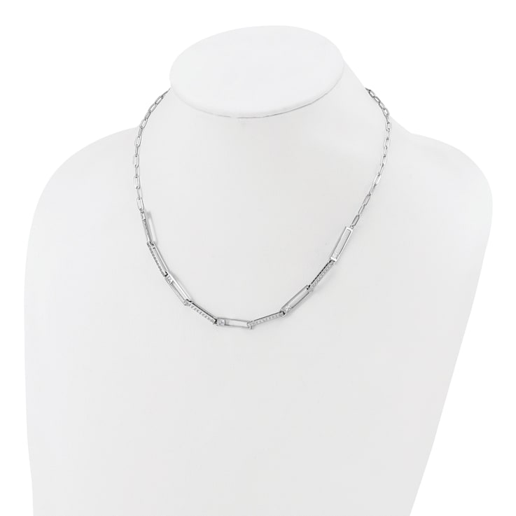 Rhodium Over Sterling Silver Fancy Cubic Zirconia Paperclip Link Necklace