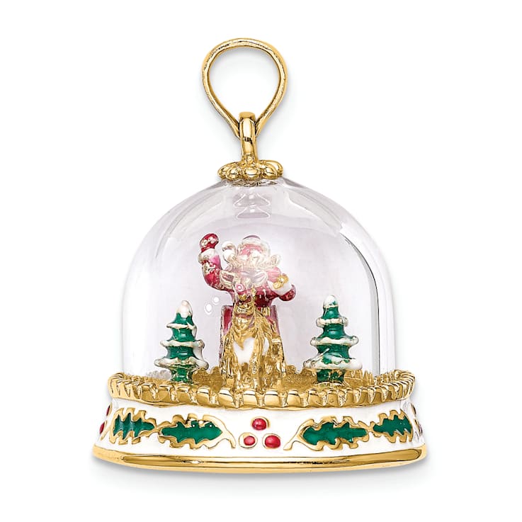 14k Yellow Gold 3D Enameled Christmas Snow Globe Pendant