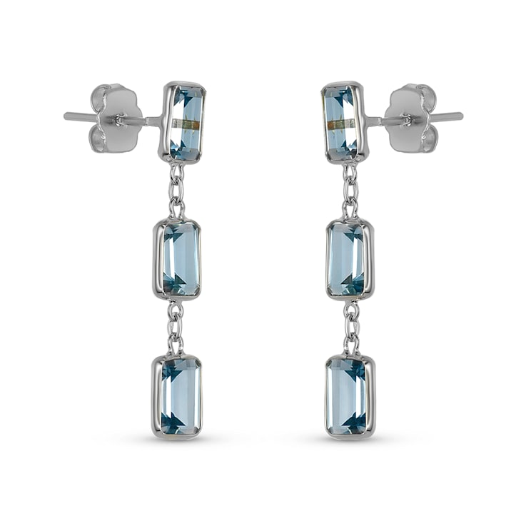 Blue Topaz 7x5mm Rectangular Octagonal 14K White Gold Dangle Earrings