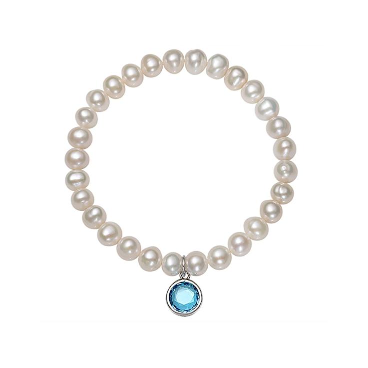 Cultured Pearl And CZ Charm Stretch Bracelet In Sterling Silver 7-8mm