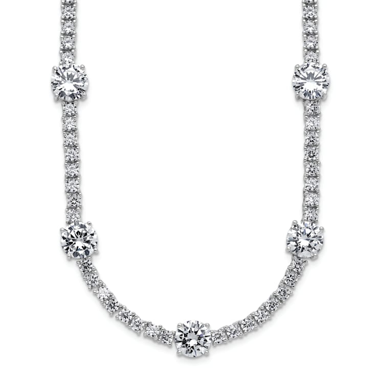 Rhodium Over Sterling Silver Cubic Zirconia Station With Safety Clasp Necklace