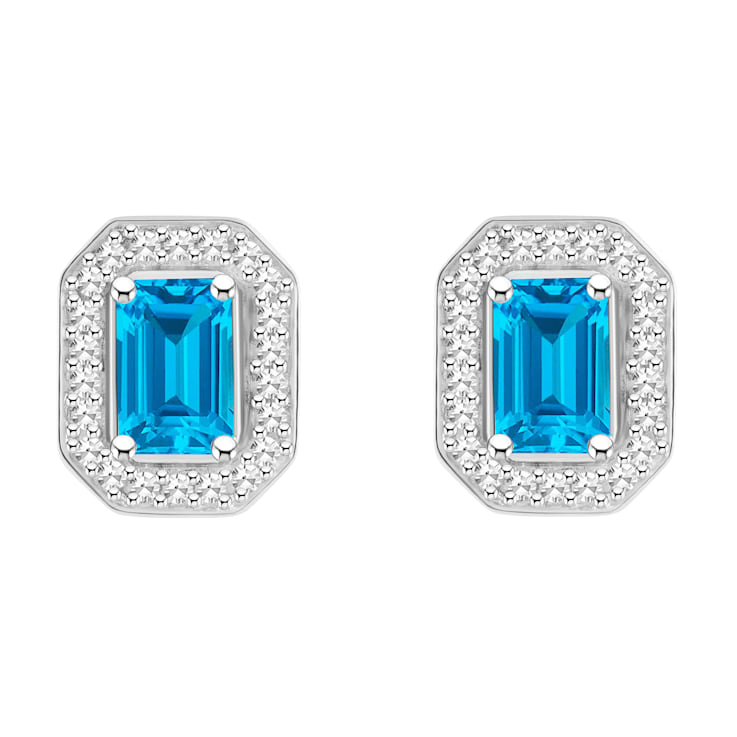 6x4mm Emerald Cut Blue Topaz 1/5 ctw Diamond Rhodium Over Sterling
Silver Halo Stud Earrings