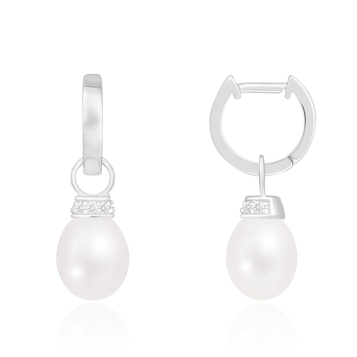 8-8.5mm White Cultured Freshwater Pearl Rhodium Over Sterling Silver Earrings