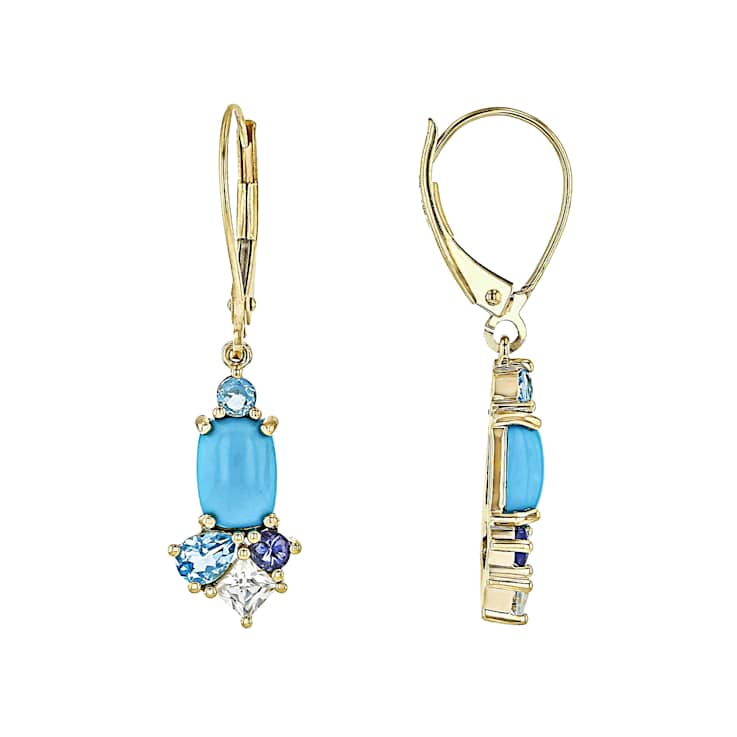 Turquoise And Multi-Blue Gemstone Dangle Earrings In Solid 10K Yellow Gold