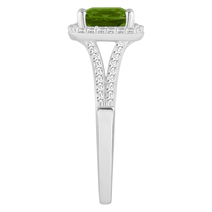 7mm Cushion Peridot 1/4 ctw Diamond Rhodium Over Sterling Silver Halo Ring
