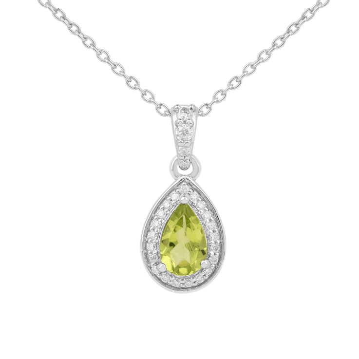 Pear Shape Peridot with Moissanite Accents Rhodium Over Sterling Silver
Pendant with Chain
