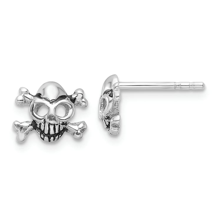 Rhodium Over Sterling Silver Antiqued Skull and Crossbones Post Earrings