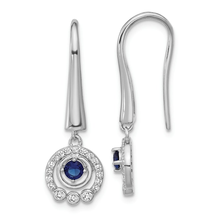 Rhodium Over Sterling Silver Polished Cubic Zirconia and Blue Glass
Dangle Earrings