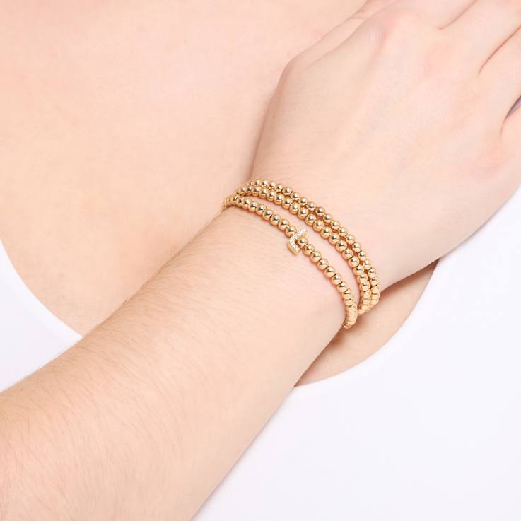Initial L CZ Beaded Bracelet Set In 14K Gold Over Brass 0.09ctw