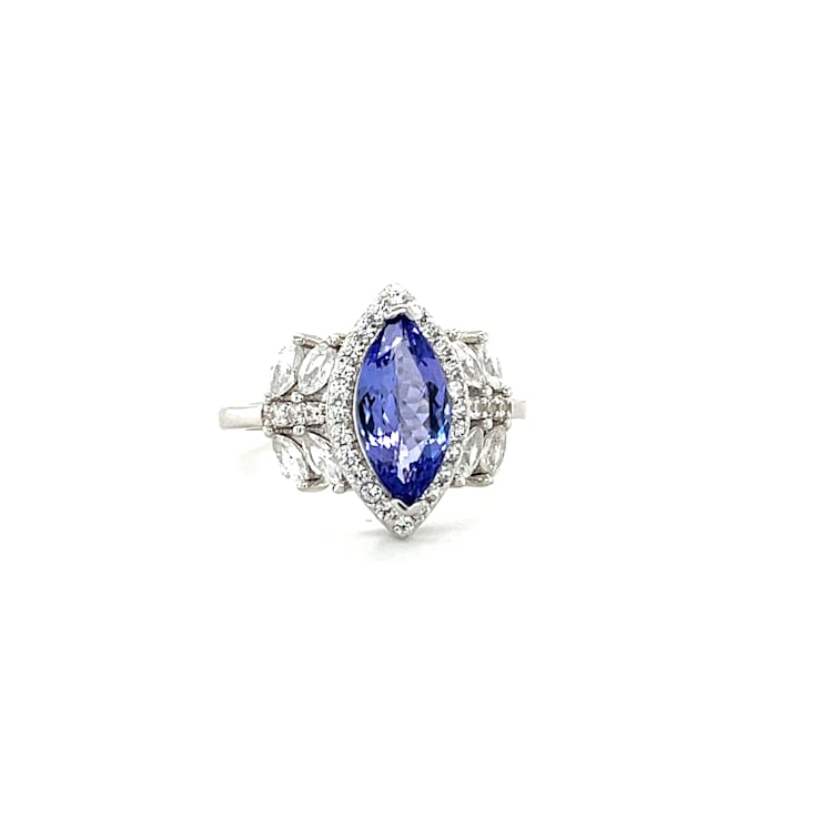Rhodium Over Sterling Silver Marquise Tanzanite and White Zircon Ring 2.23ctw