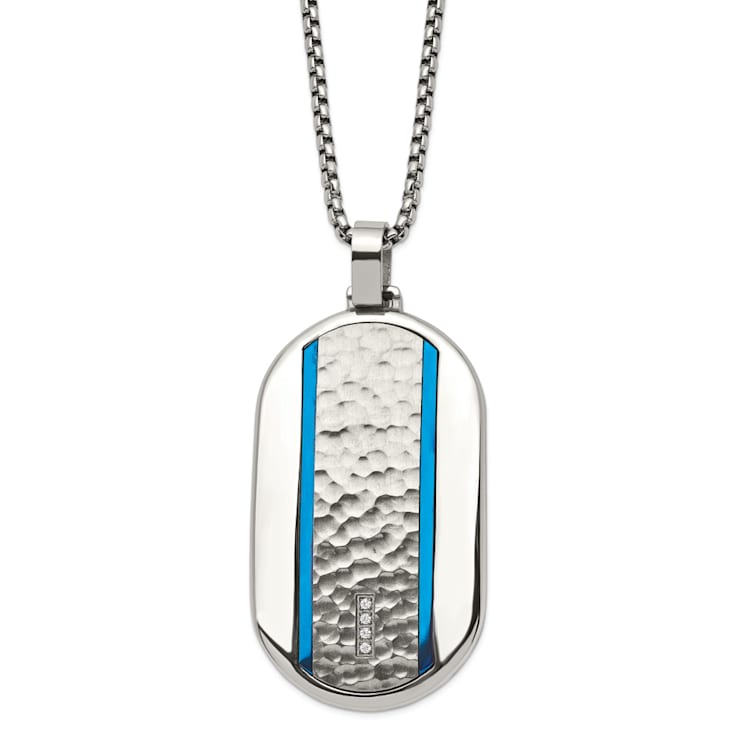 White Cubic Zirconia Stainless Steel  Blue IP-plated Men's Dog Tag
Pendant With Chain