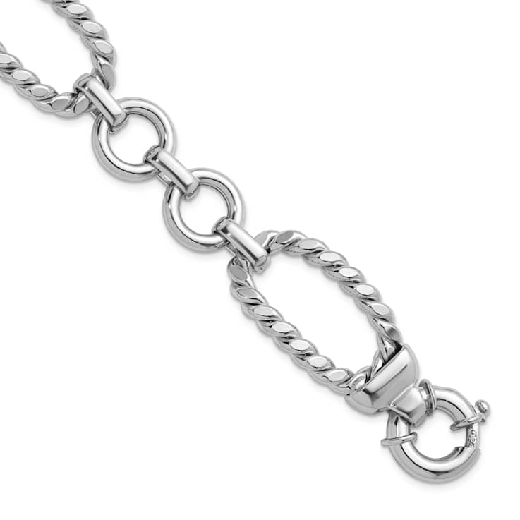 Rhodium Over Sterling Silver Polished and Twisted Link Bracelet