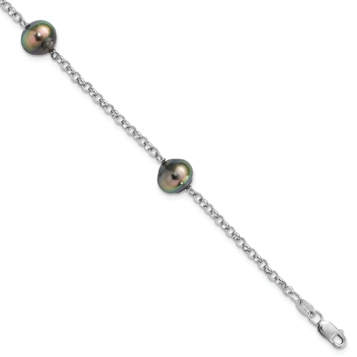Rhodium Over Sterling Silver 8-9mm Baroque 3stat Tahit Saltwater Pearl Bracelet