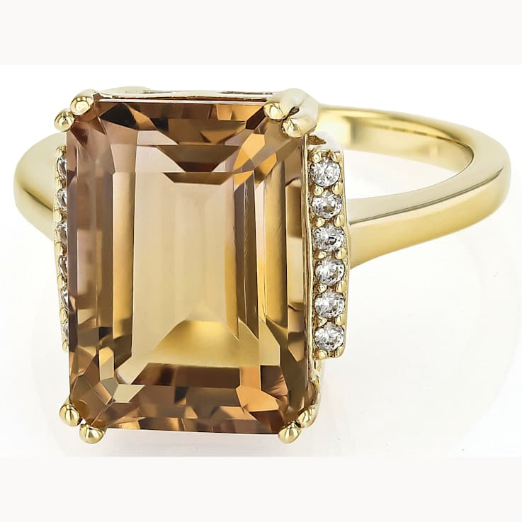 Champagne Quartz And White Zircon Ring In 18K Gold Over Sterling Silver 6.86ctw