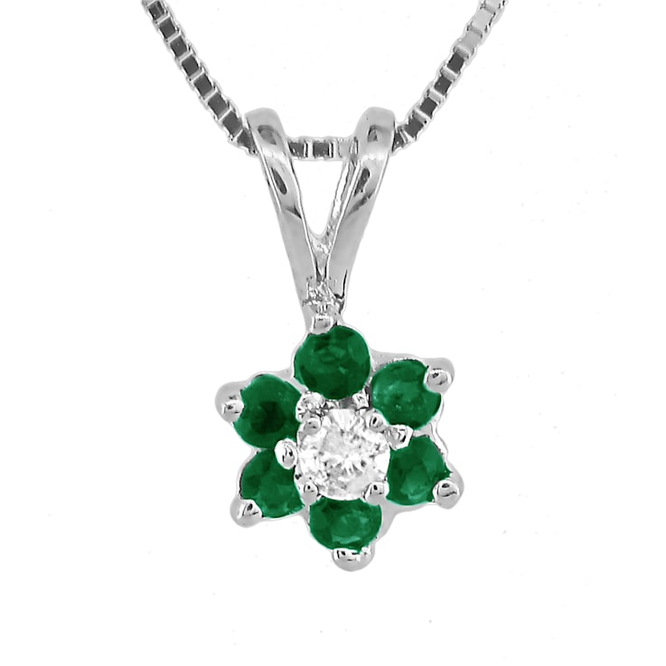 0.24ctw Emerald with Diamond Accent Flower Design  Pendant 14k White Gold