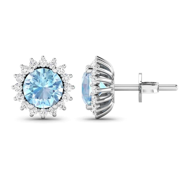 1.30ctw 14K White Gold Aquamarine and White Diamond Halo Earrings