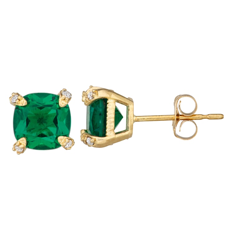 Square Cushion Lab Created Emerald 10K Yellow Gold Stud Earrings 1.44ctw
