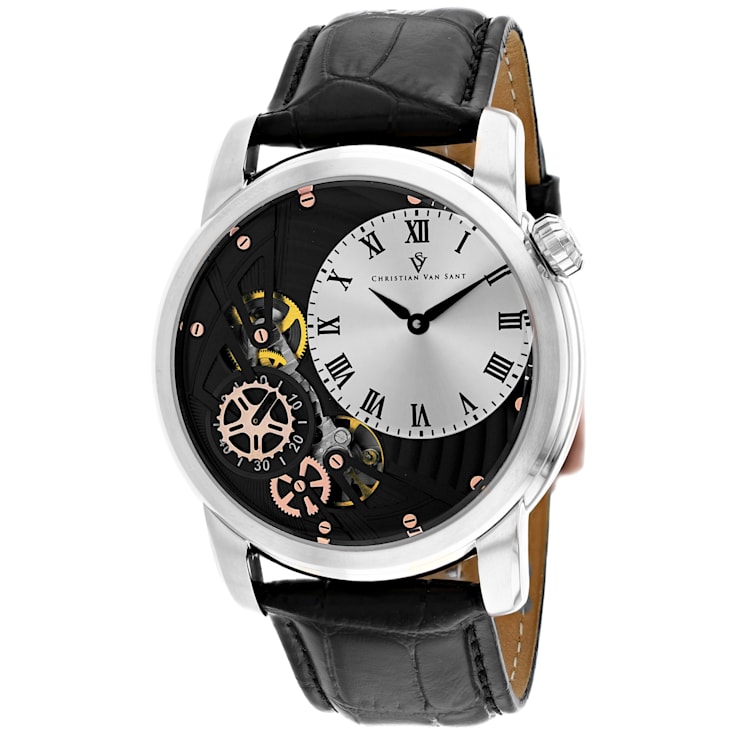 Christian Van Sant Men's Sprocket Auto-Quartz White Dial, Black Leather
Strap Watch