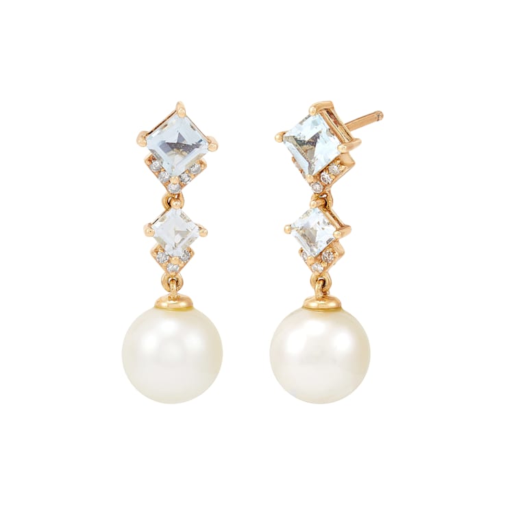 8-8.5mm Round White Freshwater Pearl with Aquamarine and Diamond 14K
Yellow Gold Drop Earrings