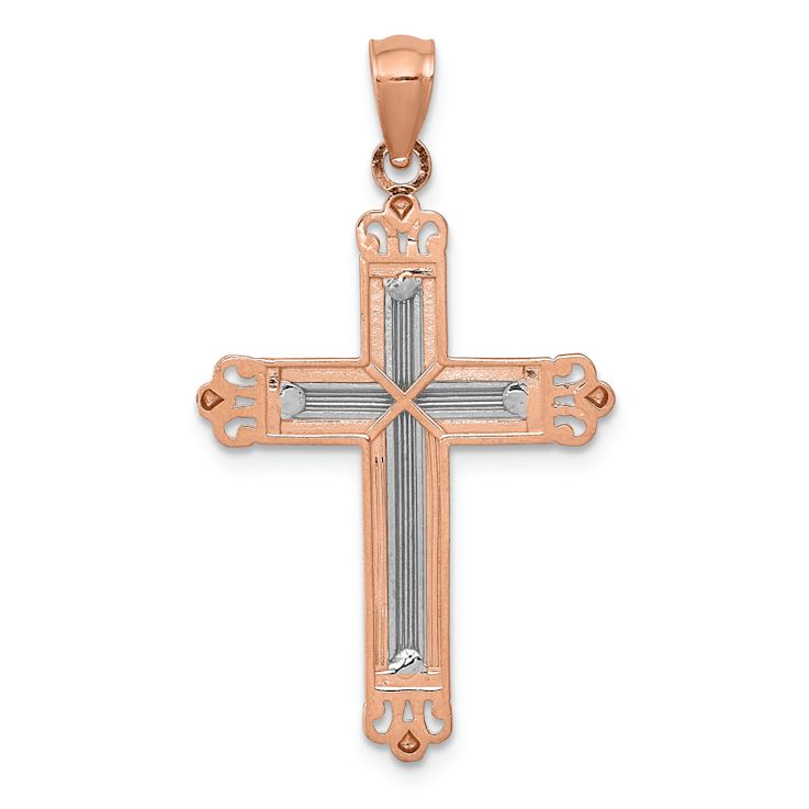 14k Rose Gold and Rhodium Over 14k Rose Gold Diamond-Cut Cross Pendant