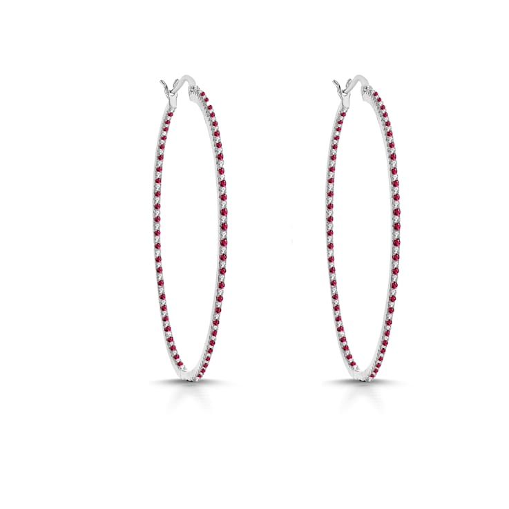 Red Cubic Zirconia, Slim Large Hoop Earrings