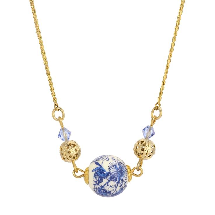 Yellow Base Metal Round Blue Willow Bead Crystal Necklace 16 inch