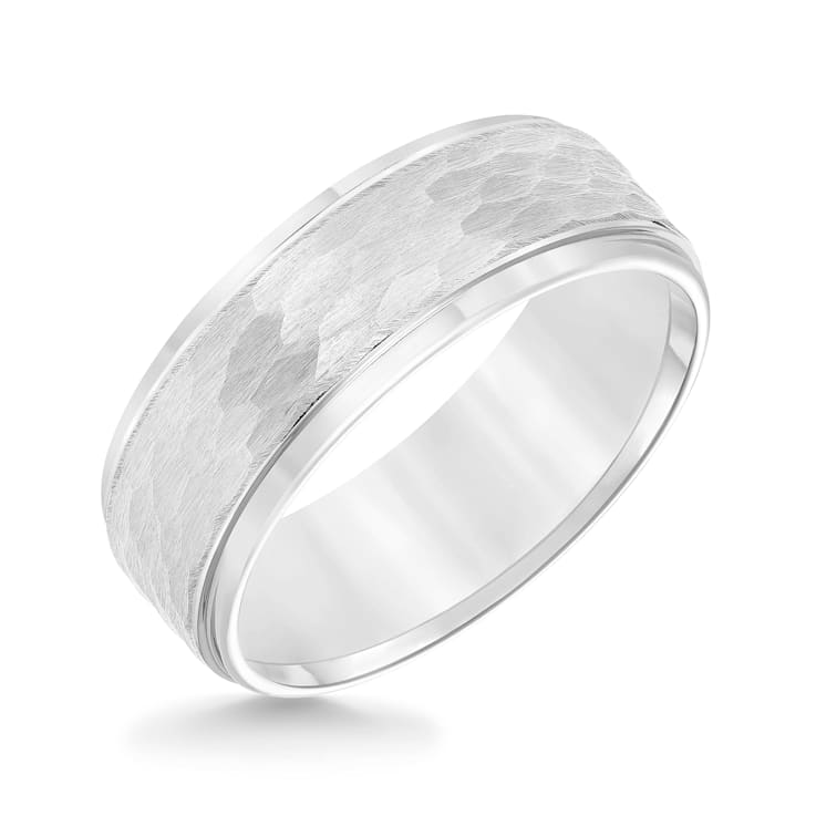 8mm Step-Edge Comfort Fit Band in White Tungsten Carbide with Hammered Finish
