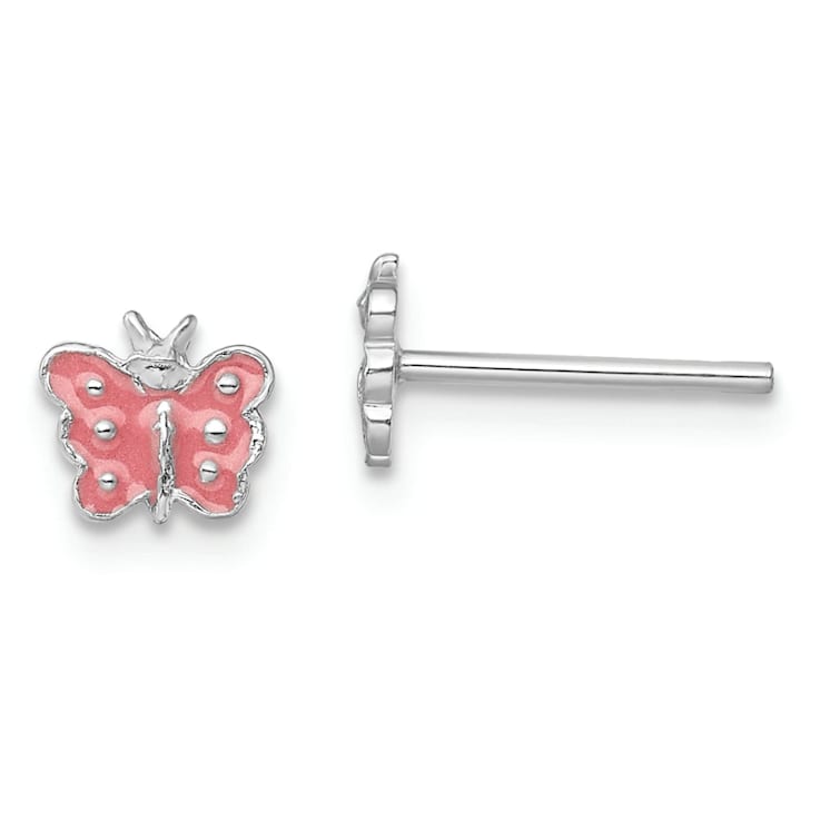 Rhodium Over Sterling Silver Pink Enamel Butterfly Post Earrings