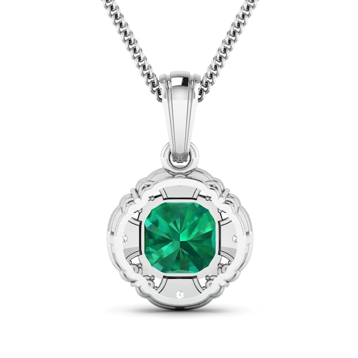 2.07ctw 14K White Gold Zambian Emerald and White Diamond Pendant with 18
inch Cable Chain