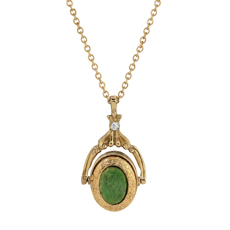 Yellow Base Metal Oval Jade Double Locket Necklace 28"