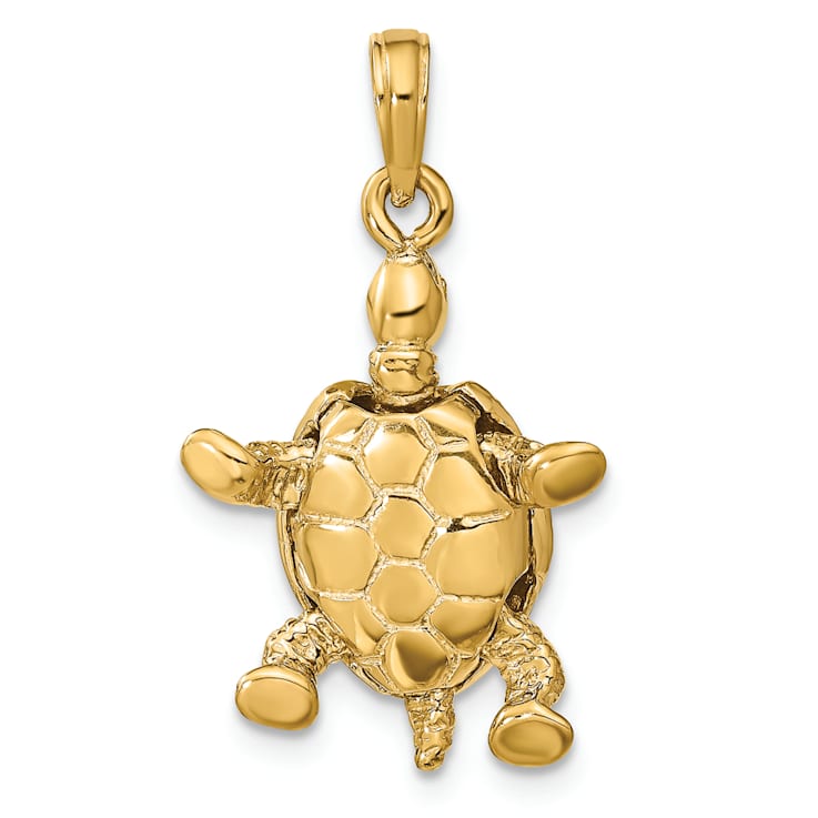 14k Yellow Gold Solid 3D Polished and Textured Moveable Turtle Pendant