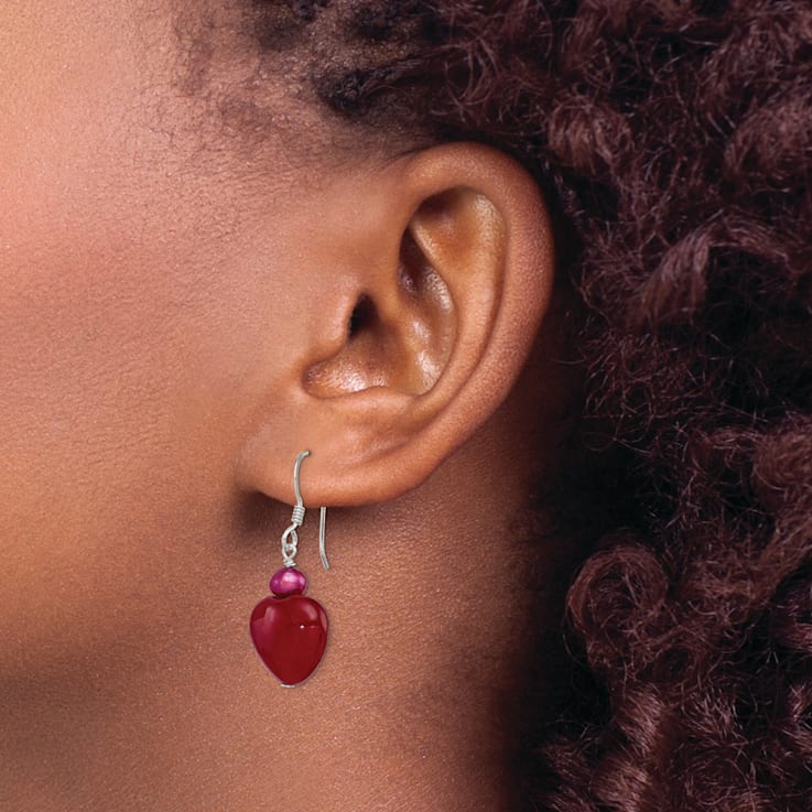 Sterling Silver Polished Red Freshwater Pearl and Red Jadeite Heart
Dangle Earrings