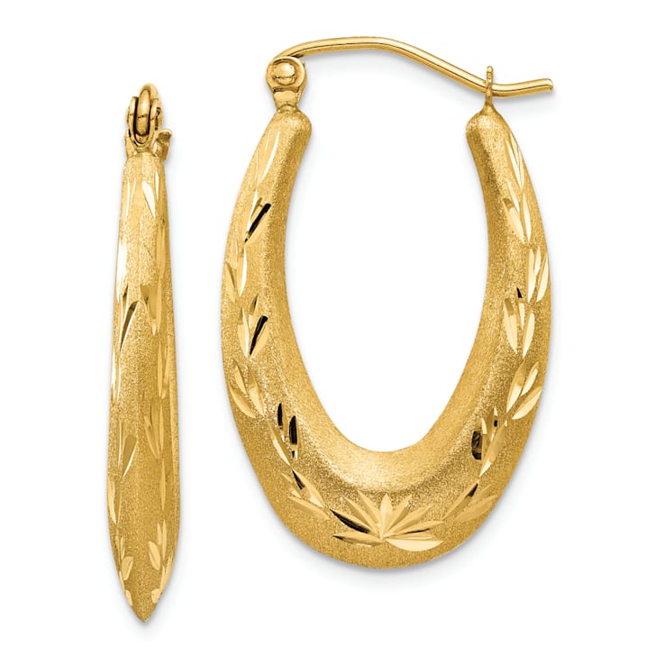 14k Yellow Gold 1 1/16" Satin Diamond-cut Hoop Earrings