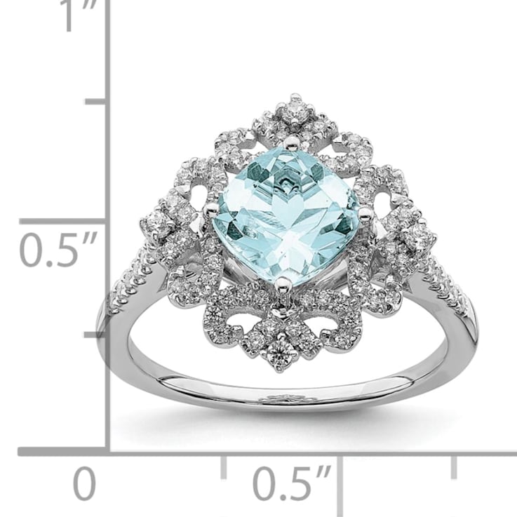 Rhodium Over 14K White Gold Aquamarine Vintage Diamond Halo Engagement Ring