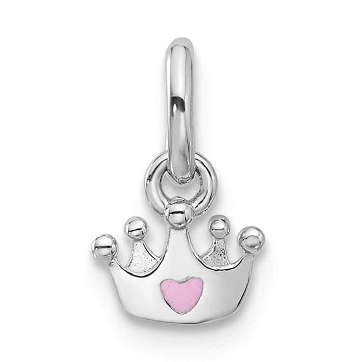 Rhodium Over Sterling Silver Pink Enameled Heart Crown Children's Pendant